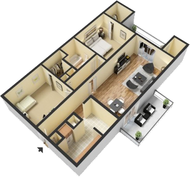 Floor plan for 2 beds, 1 bath, 845 sqft